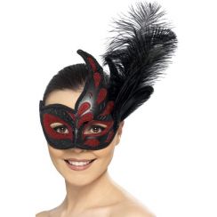 Maschera Colombina nera e rossa con piuma